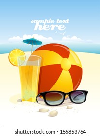 Beach background with sun glasses, beach ball and fruit cocktail with place for text. Eps10