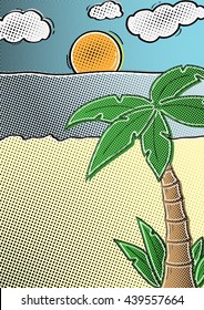 beach background with sun, sand, palm tree and sea in retro comic style