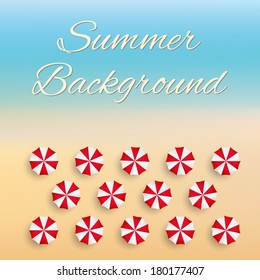 Beach background with sun umbrellas. Summer sunny illustration. All inclusive vacations. Travel agency design elements.