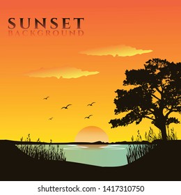 Beach background at sunset Vector silhouette