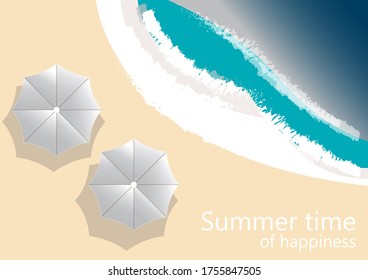 Beach background, top view with umbrella and sea