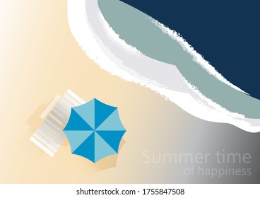 Beach background, top view with umbrella and sea