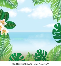 Fondo de playa con planta tropical como la frontera