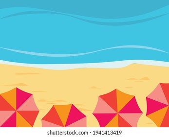 Beach background, beach umbrellas by the sea, space for text, flat design, vector illustration. 