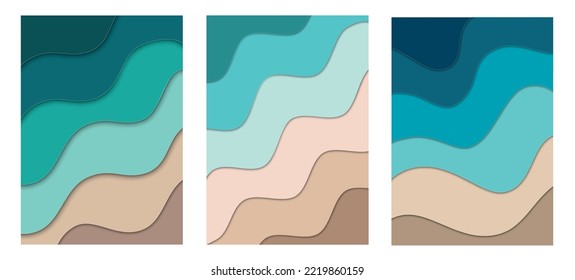 Beach Background Vector Illustrations Set In Sea And Sand Colors. Paper Cutout Style Geometric Wallpaper And Pattern For Design