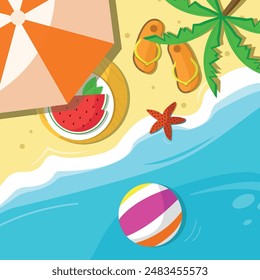 Beach background with watermelon, flip-flops and ball. Summer vacation. Vector illustration.