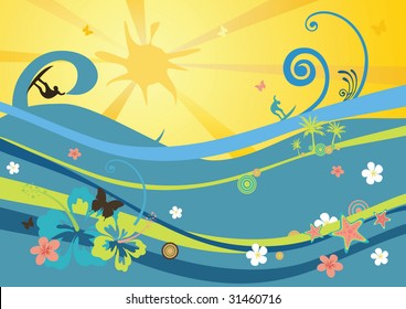 beach background with waves, sun, flowers and surfers