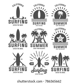 Beach badges, Vintage Surfing Graphics and Emblems.