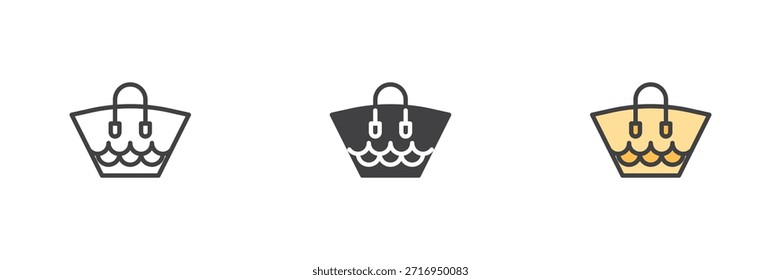 Conjunto de iconos de estilo diferente de cesta de bolsa de playa. Icono colorido de línea, contorno sólido y relleno, signo y símbolo de Vector. Icono de bolso de playa de verano para compras y vacaciones.
