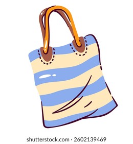 Beach bag with blue stripes pattern and leather handles. Fabric handbag for tropical sea vacation, eco shopper of girl. Summer accessory mascot, cartoon cute bag cartoon vector illustration