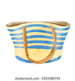 Beach bag with blue stripes. Vector watercolor illustration