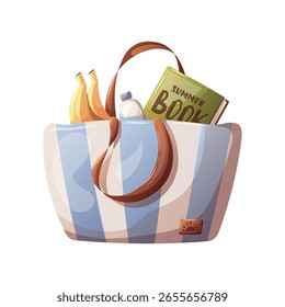 Strandtasche mit Buch und Snacks einzeln auf Weiß. Vektorgrafik.
