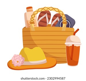 Beach Bag Crafted From Lightweight Material, Ideal For Carrying Beach Gear such as Hat, Drink, Camera, Slippers and Sunscreen, Keeping It Dry And Protected From Sand And Water. Vector Illustration