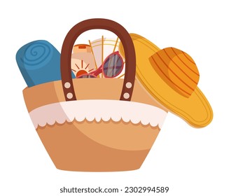 Bolsa De Playa Llena De Esencial Cristal, Toalla, Sombrero, Flip-flops, Snacks, Reserva, Botella De Agua Y Juguetes De Playa. Perfecto Para Un Día De Diversión En El Sol. Ilustración Del Vector De Caricaturas