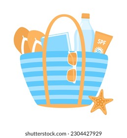 Bolsa de playa con chanclas, libro, loción de protección solar, botella de agua, gafas de sol y pez estrella aisladas sobre fondo blanco. Ilustración vectorial plana en colores azul y naranja