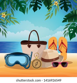 Beach with bag flip flops hat sunglasss and diving mask on sand vector illustration graphic design