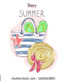 Beach bag with flip flops and hat. Happy summer typography slogan.