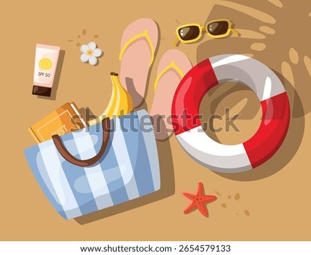 Beach bag, flip-flops, sunscreen, sunglasses and an inflatable swimming ring on a sandy beach. Travel concept. Vector