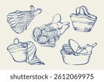 Beach bag hand drawn set. Summer ink illustration of beach bags, totes, picnic basket with lemons, bottle, towel. Vintage Mediterranean doodle vector. Summer sketch for posters, cards, invitations. 