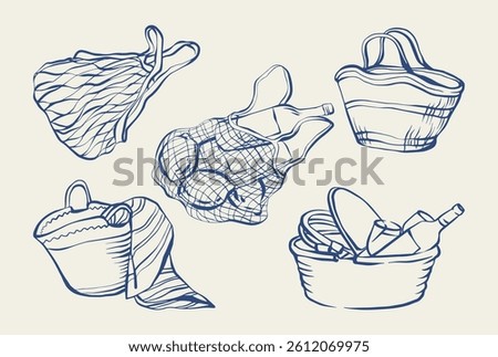 Beach bag hand drawn set. Summer ink illustration of beach bags, totes, picnic basket with lemons, bottle, towel. Vintage Mediterranean doodle vector. Summer sketch for posters, cards, invitations. 