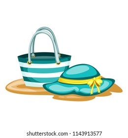Beach Bag  and Hat Isolated on a White Background. Cartoon Vector Illustration