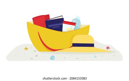Beach bag and hat on the sand. Going to the beach with a beach towel, a book and water. Vector illustration.