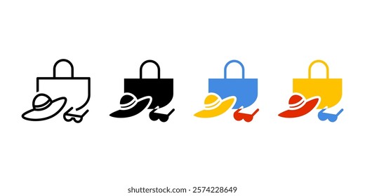 Beach bag with hat and sunglasses icon. Sea vacation pictogram. Summer travel sign. Picnic symbol. Resting and relaxation by the sea color illustration.