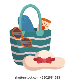 Bolsa de playa con sombrero, gafas de sol, pantalla de sol y toalla. Un Diseño Colorido Y Jugador Añade Un Toque De Diversión De Verano A Sus Salidas De Playa, Accesorio Para Mantener Sus Artículos Organizados. Ilustración del vector de dibujos animados