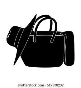 Beach bag with hat.Summer rest single icon in black style vector symbol stock illustration.
