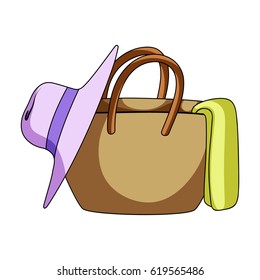 Beach bag with hat.Summer rest single icon in cartoon style vector symbol stock illustration.