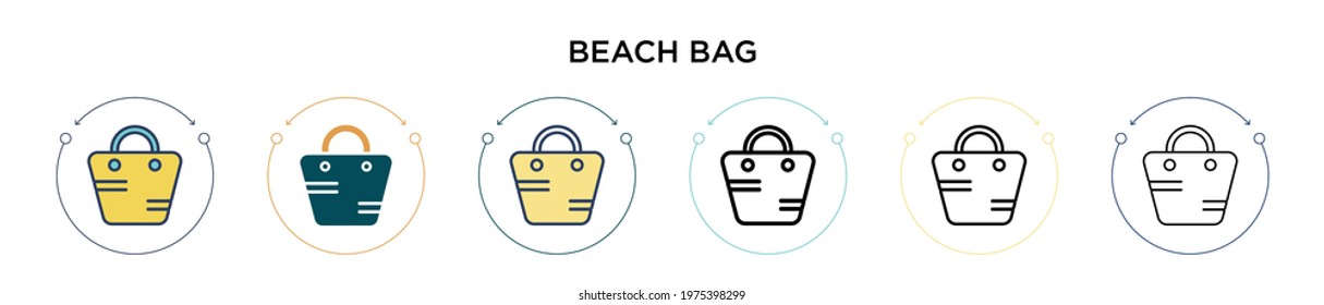 Beach bag icon in filled, thin line, outline and stroke style. Vector illustration of two colored and black beach bag vector icons designs can be used for mobile, ui, web