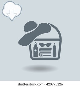 Beach bag icon with shadow. Cloud of download with arrow.