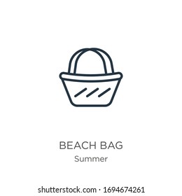 Beach bag icon. Thin linear beach bag outline icon isolated on white background from summer collection. Line vector sign, symbol for web and mobile