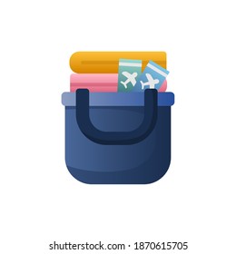 Icono de bolsa de playa. Ilustración vectorial de la bolsa con toalla de playa y boletos.