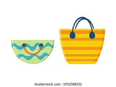 Beach bag. Illustration of cartoon beach accessory. Can be used for holiday poster, beach party invitation, backdrop, backdrop, announcement, promotion, print for t-shirt. Vector illustration.