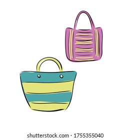 Bolsa de playa aislada de fondo blanco. Accesorio para la mujer dibujada a mano y el programa de dibujo para infografía, sitio web o aplicación. Icono diseñado en un sistema de cuadrícula.