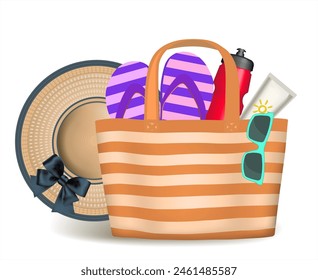 Strandtasche mit Freizeitartikeln. Strandhut, Sonnenbrille, Sonnencreme, Hausschuhe.  Sommer-Illustrationen mit Strandsachen. Ruhe auf dem Meer. VEKTORGRAFIK EPS