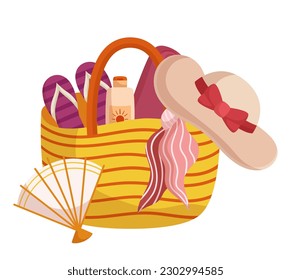 Bolsa de playa para largos días bajo el sol, llena de pertenencias como Sombrero femenino, Ventilador, Zapatillas, Ascensor, Toalla y Scarf. Accesorio de verano con patrón rayado. Ilustración del vector de dibujos animados