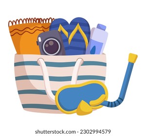Beach Bag Made From Durable Canvas, Designed To Carry Everything You Need For A Day By The Ocean Including Towel, Sunscreen, Photo Camera, Diving Mask or Tube and Slippers. Cartoon Vector Illustration