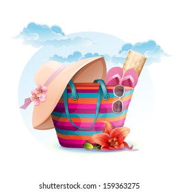 Beach bag with mat, hat. Vector illustration for graphics, design, print, magazine, postcard