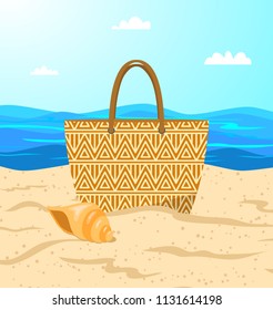 Beach bag on the coast. Vector illustration.