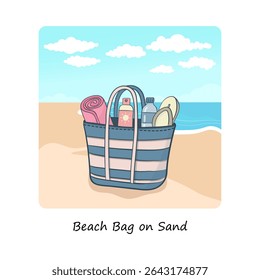 Strandtasche auf Sand - Verpackt und Set für eine Seaside Getaway handgezeichnete Symbolgrafik.