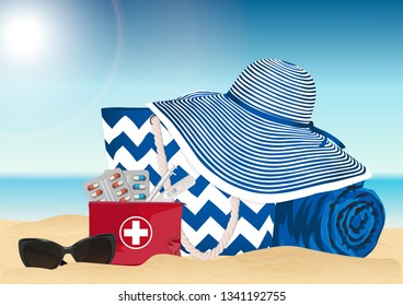 Beach bag and road first-aid kit. Sandy beach. Summer accessories. Vector illustration.