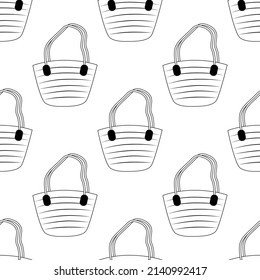 Beach bag seamless doodle pattern. Black and white vector illustration