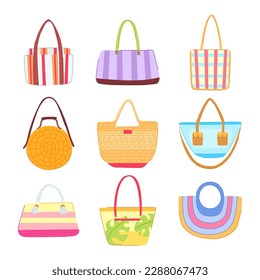 beach bag set cartoon. summer hat, sea fashion, hand girl, woman straw beach bag sign. isolated symbol vector illustration