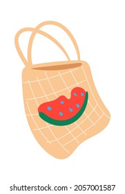 Beach bag or shopper with picture watermelon. Fashion bag design, handbag for beach travel, isolated accessory for summer, vector illustration