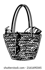 Beach bag sketch clipart. Summer leisure vacation accessory doodle isolated on white. Hand drawn vector illustration in engraving style.