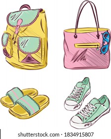 Beach bag with slippers and glasses. Backpack and sneakers. Vector illustration.