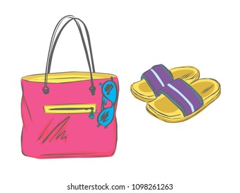 Beach bag with slippers and glasses. Vector illustration.