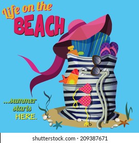 Beach Bag - Striped summer bag filled with beach must-haves - hat, flip-flops, bikini, sun screen bottles, sunglasses and swim fins, cartoon style clip art